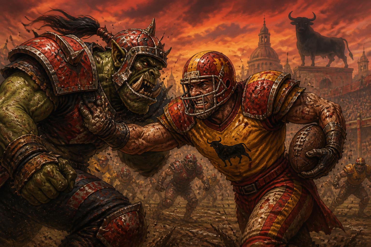 Choque entre un orco y un humano con la camiseta de España en un partido de Blood Bowl